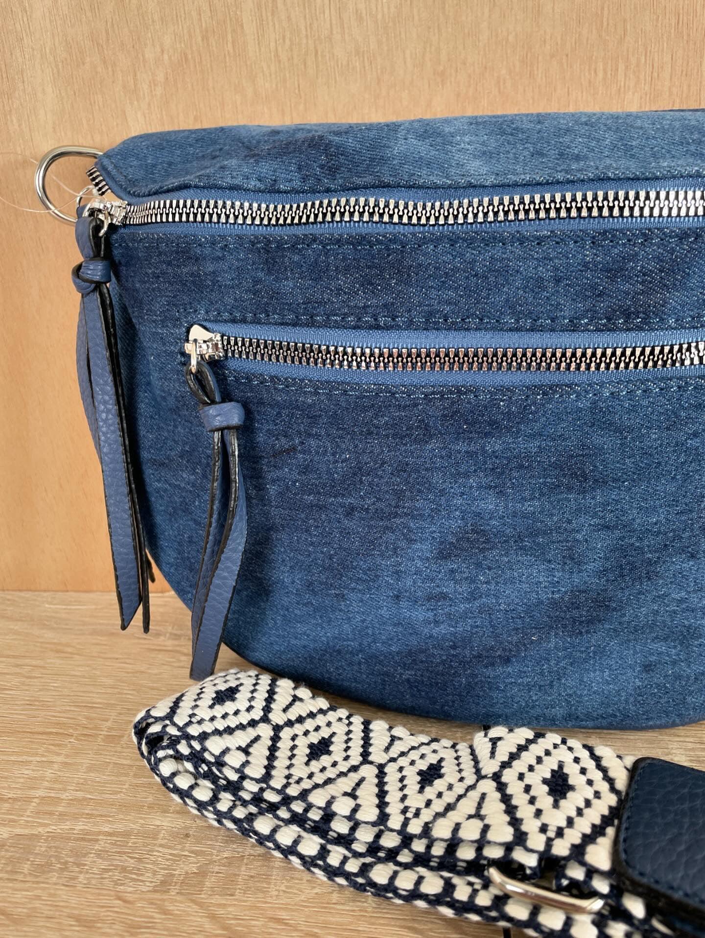 Sac banane en tissu jean bleu foncé 2 poches - Le Petit Placard