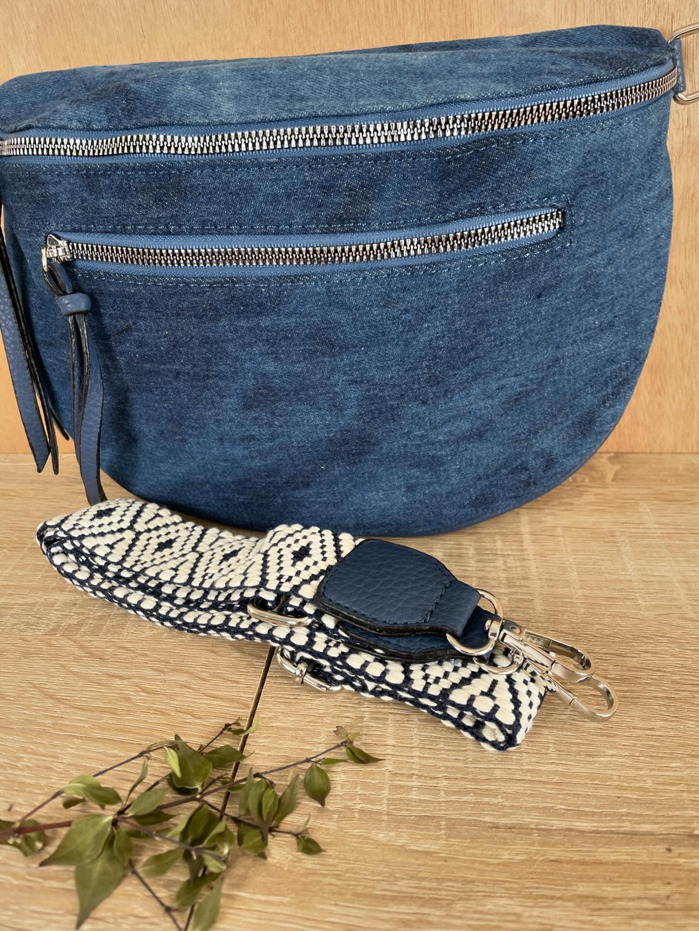 Sac banane en tissu jean bleu foncé 2 poches - Le Petit Placard