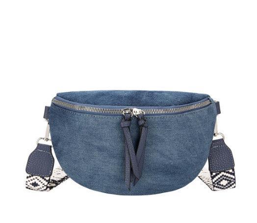 Sac banane en tissu jean bleu foncé sangle fantaisie - Le Petit Placard