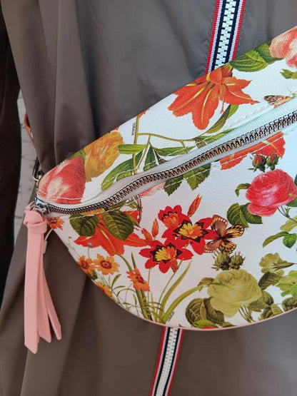 Sac banane simili cuir fleuri multicolore et rose pâle - Le Petit Placard