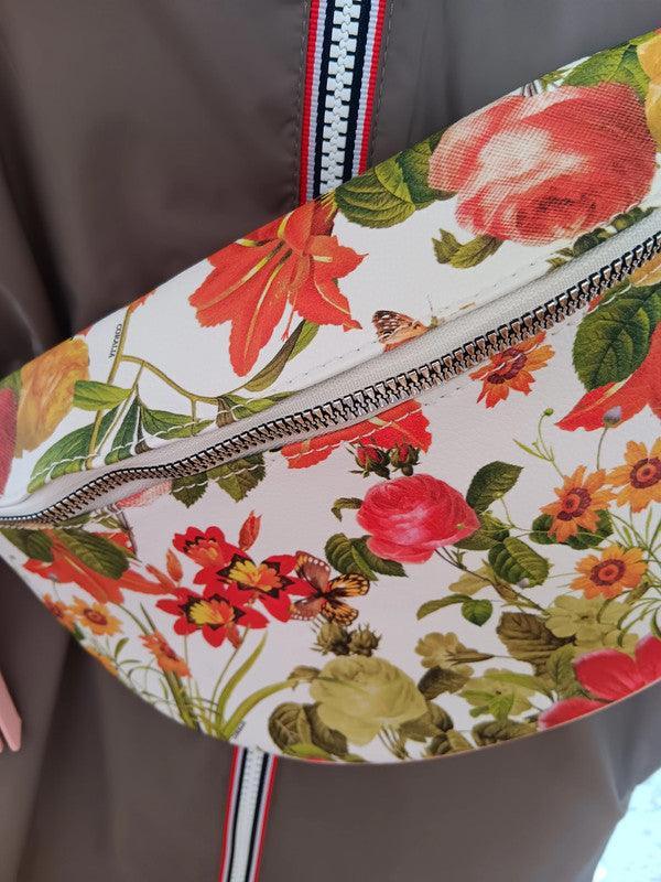 Sac banane simili cuir fleuri multicolore et rose pâle - Le Petit Placard