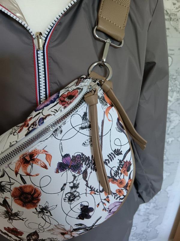 Sac banane simili cuir fleuri multicolore et taupe - Le Petit Placard