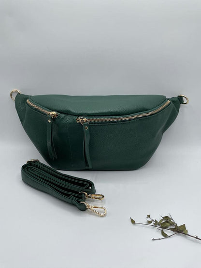 Sac banane simili cuir XL 2 poches couleur vert bouteille - Le Petit Placard