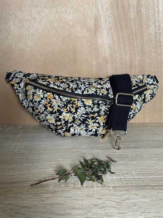 Sac banane tissu épais velours fin liberty noir et jaune - Le Petit Placard