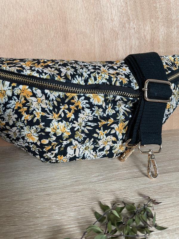 Sac banane tissu épais velours fin liberty noir et jaune - Le Petit Placard