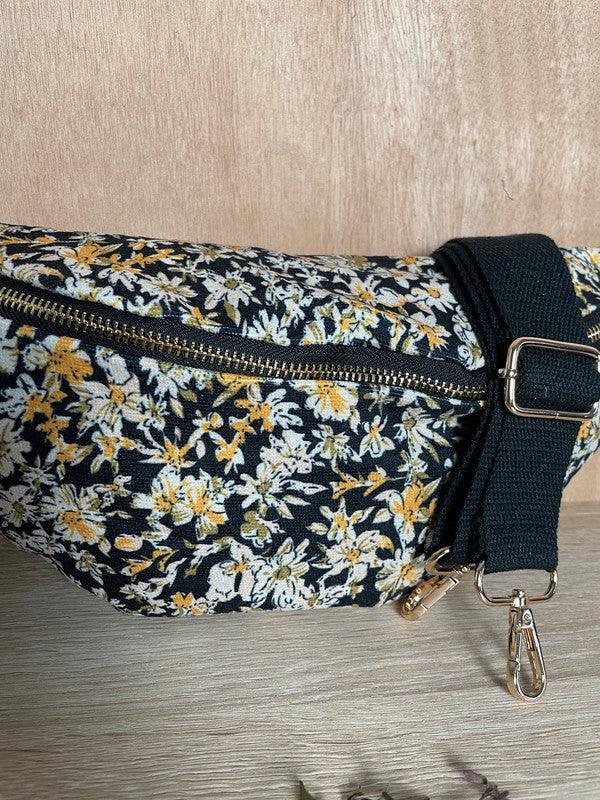 Sac banane tissu épais velours fin liberty noir et jaune - Le Petit Placard