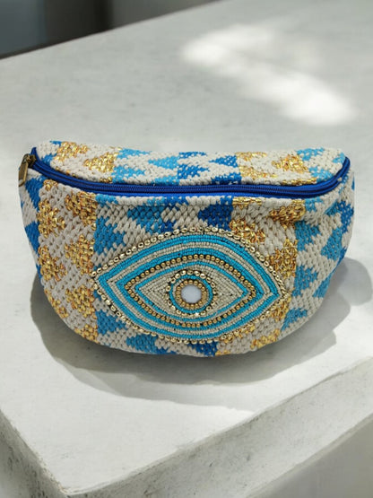 Sac banane tissu et perles bleu écru et jaune - Le Petit Placard