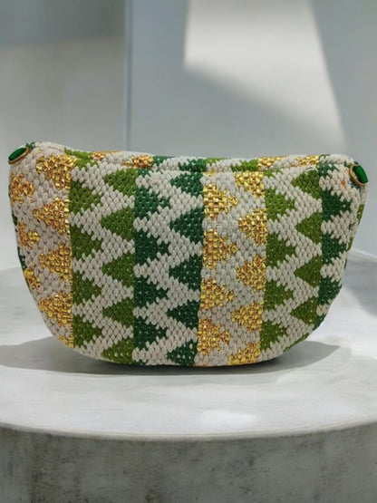 Sac banane tissu et perles vert jaune ecru - Le Petit Placard