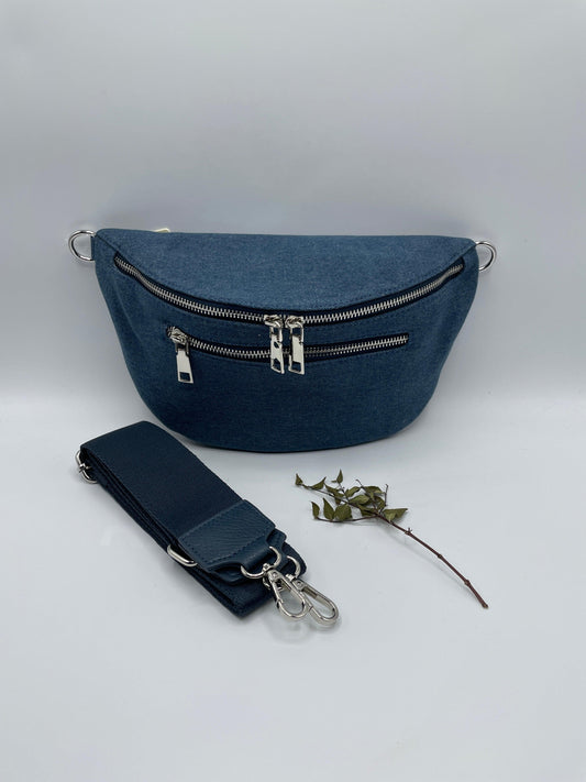 Sac banane tissu jean bleu foncé 2 poches - Le Petit Placard