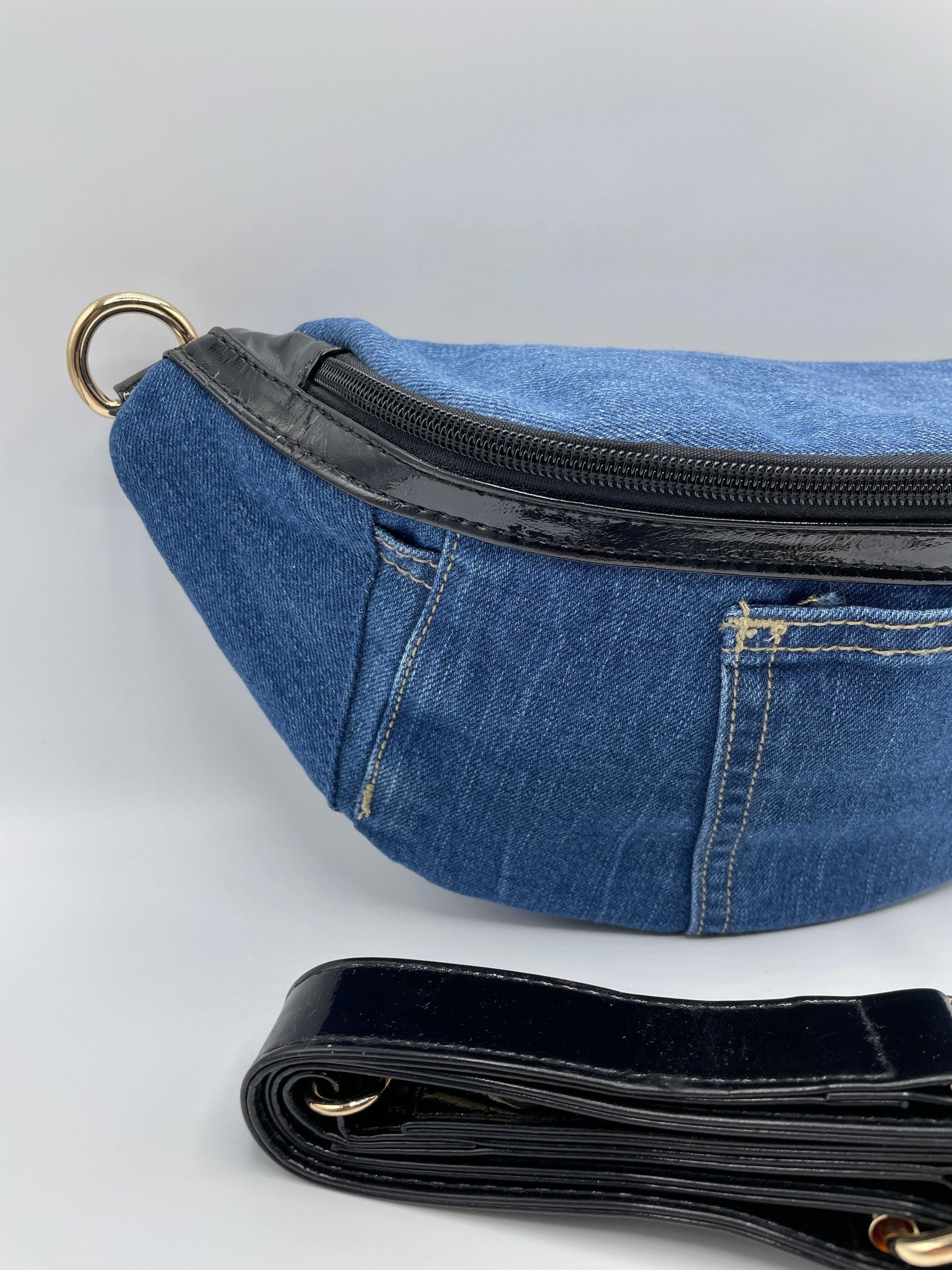 Sac banane tissu jean foncé et noir - Le Petit Placard