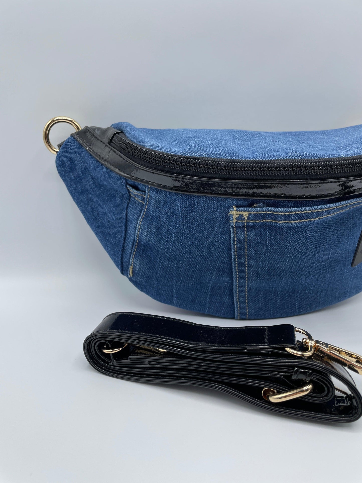 Sac banane tissu jean foncé et noir - Le Petit Placard