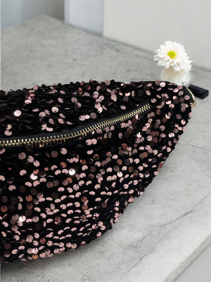 Sac banane tissu velours noir sequins doré champagne - Le Petit Placard