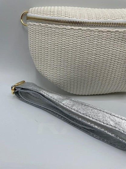 Sac banane tressé bandouliere cuir beige argent - Le Petit Placard