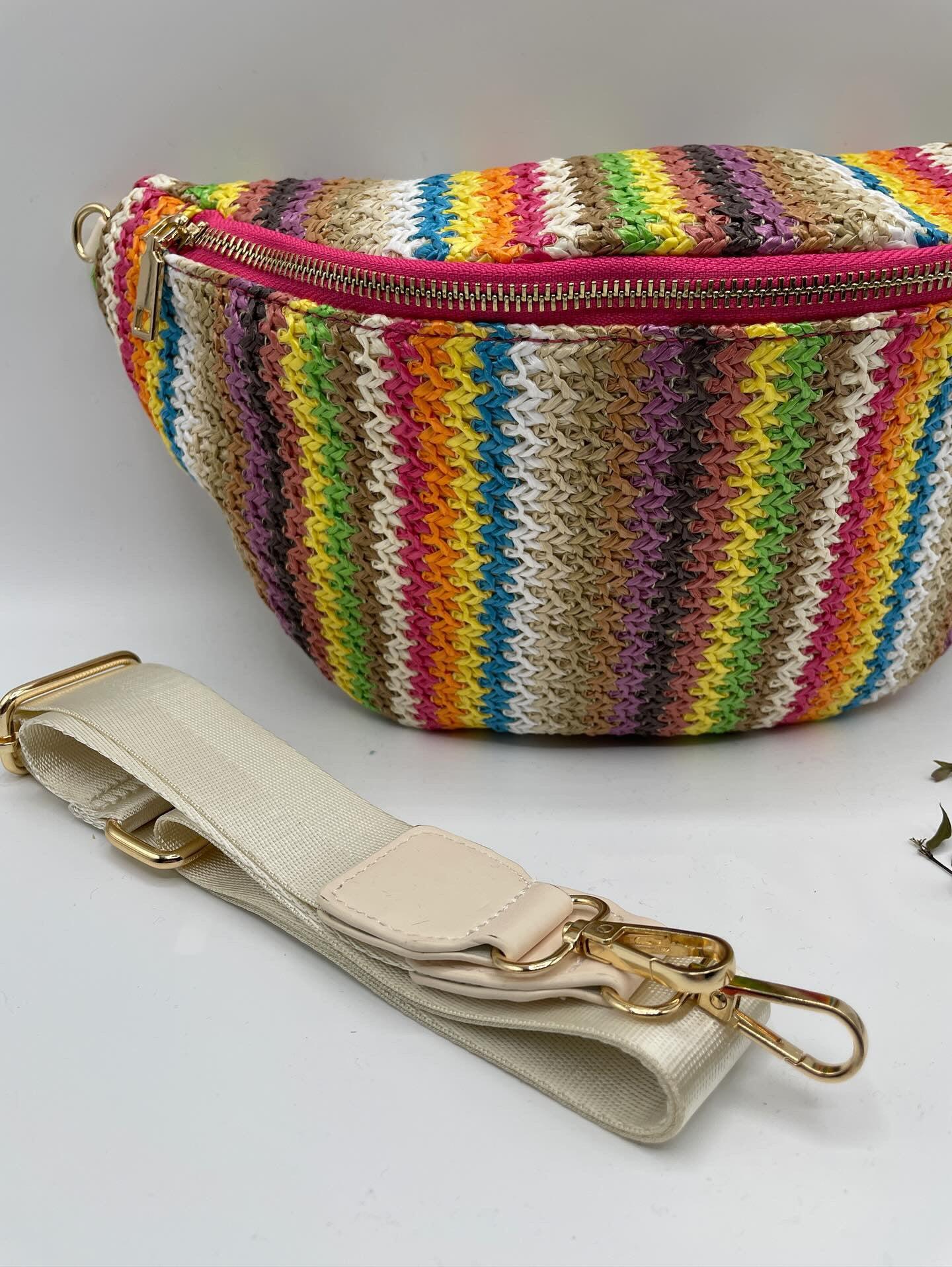 Sac banane tressé raphia beige et multicolore - Le Petit Placard