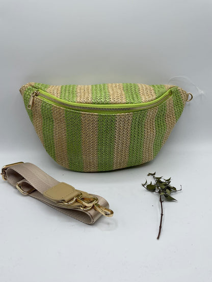 Sac banane tressé raphia beige et vert - Le Petit Placard