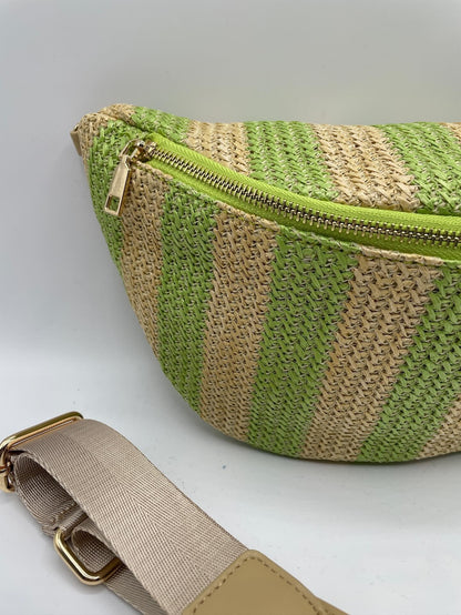 Sac banane tressé raphia beige et vert - Le Petit Placard