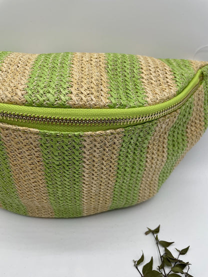 Sac banane tressé raphia beige et vert - Le Petit Placard