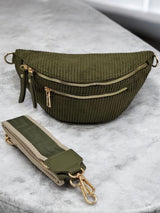 Sac banane velours côtelé 2 poches sangle fantaisie couleur Kaki