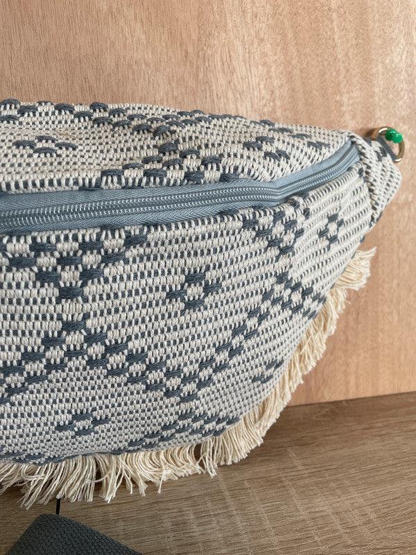 Sac banane XXL tissu tressé franges beige gris - Le Petit Placard