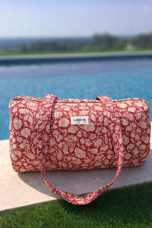 Sac polochon femme coton matelassé imprimé Toile de Jouy bordeaux et blanc