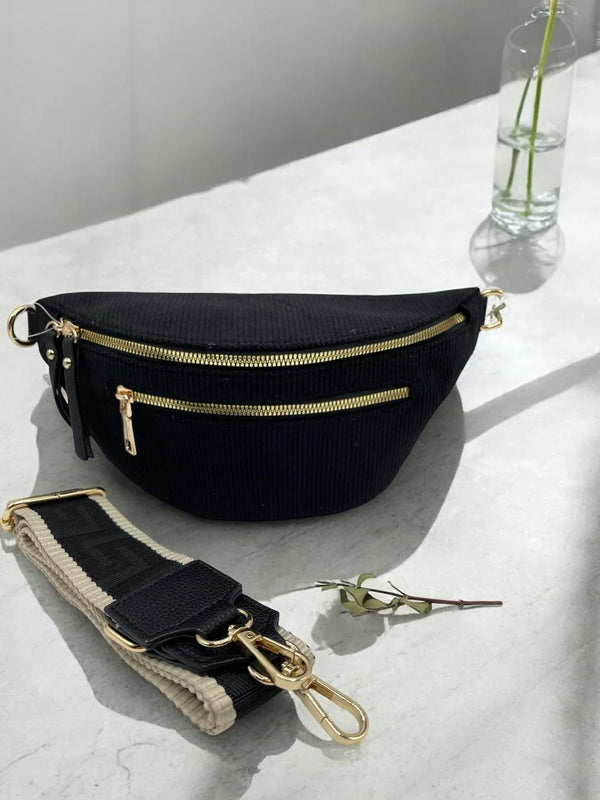 Sac banane velours côtelé 2 poches sangle fantaisie couleur Noir