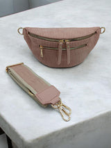 Sac banane velours côtelé 2 poches  sangle fantaisie couleur Rose pâle