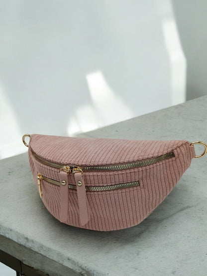 Sac banane velours côtelé 2 poches rose pâle sangle fantaisie