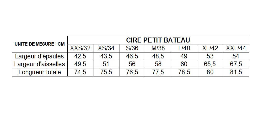Cire Petit Bateau size chart in centimeters showing shoulder width, armpit width, and total length for sizes XXS to XXL.