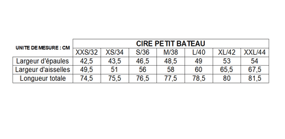 Cire Petit Bateau size chart in centimeters showing shoulder width, armpit width, and total length for sizes XXS to XXL.